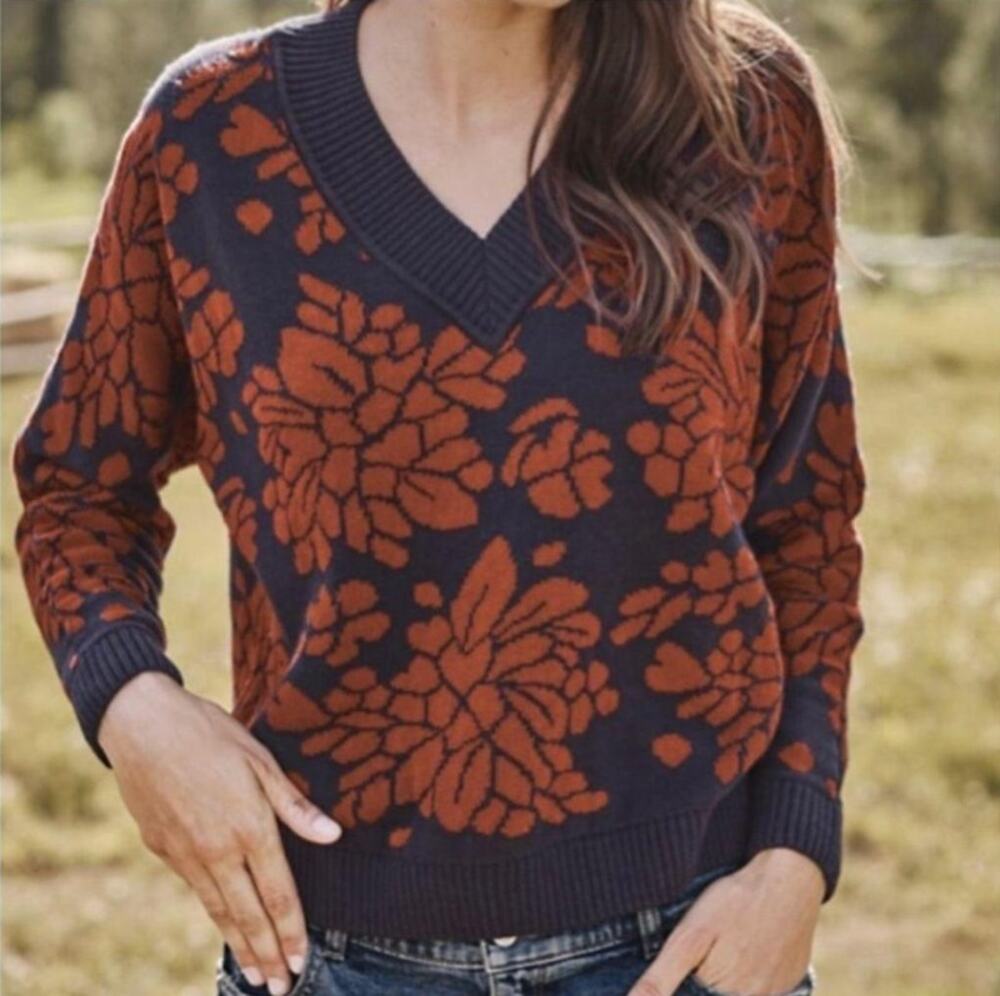 Garnet Hill Everly Jacquard Sweater Floral V Neck Cotton Alpaca Blend Oversized